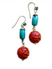 Cinnabar, Turquoise and Sterling Silver Earrings