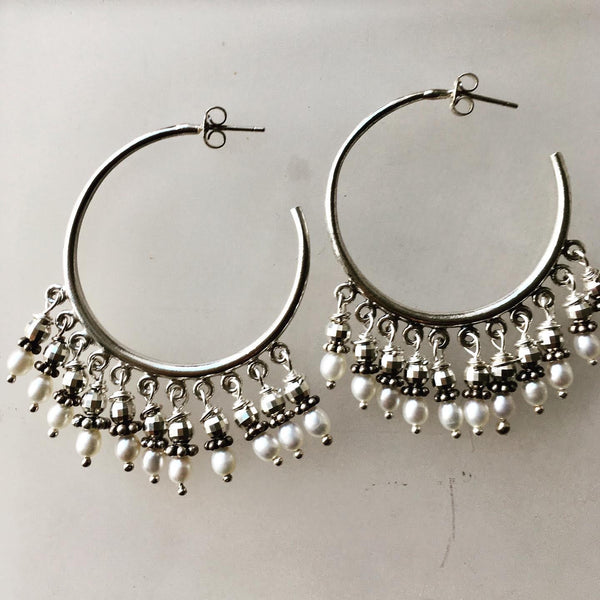 Sterling Silver Gypsy Boho Hoops with Button Pearls SOLD OUT