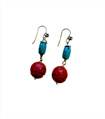 Cinnabar, Turquoise and Sterling Silver Earrings