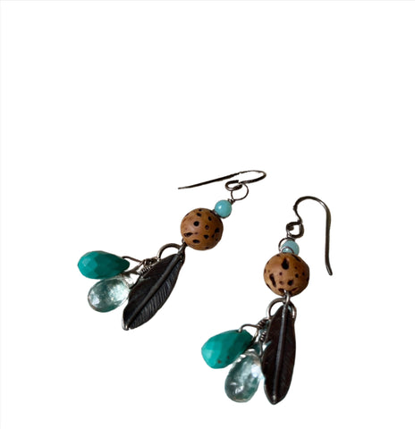 Turquoise, Wood & Sterling Silver Feather Drop Earrings